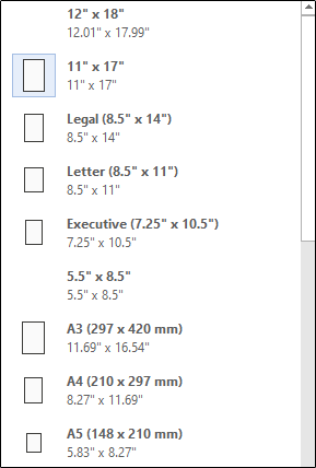 The paper size drop-down menu in Word.