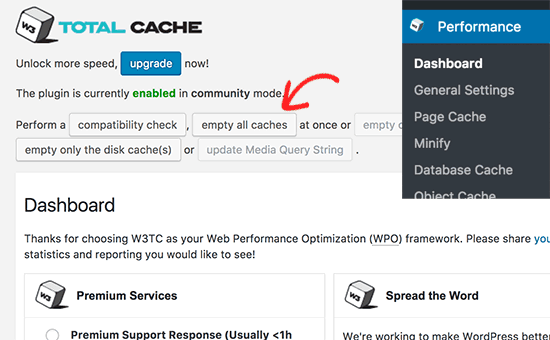 Empty cache in W3 Total Cache
