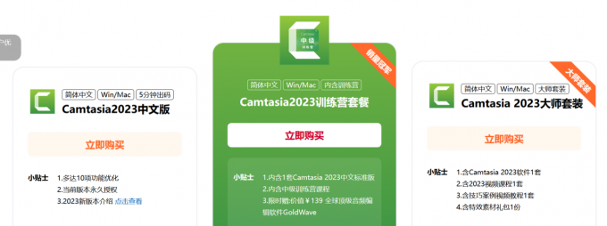 购买Camtasia的不同套餐