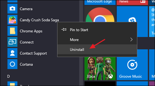 uninstall app from start menu