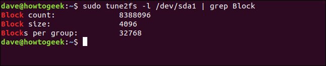 The "sudo tune2fs -l /dev/sda1 | grep Block" command in a terminal window.