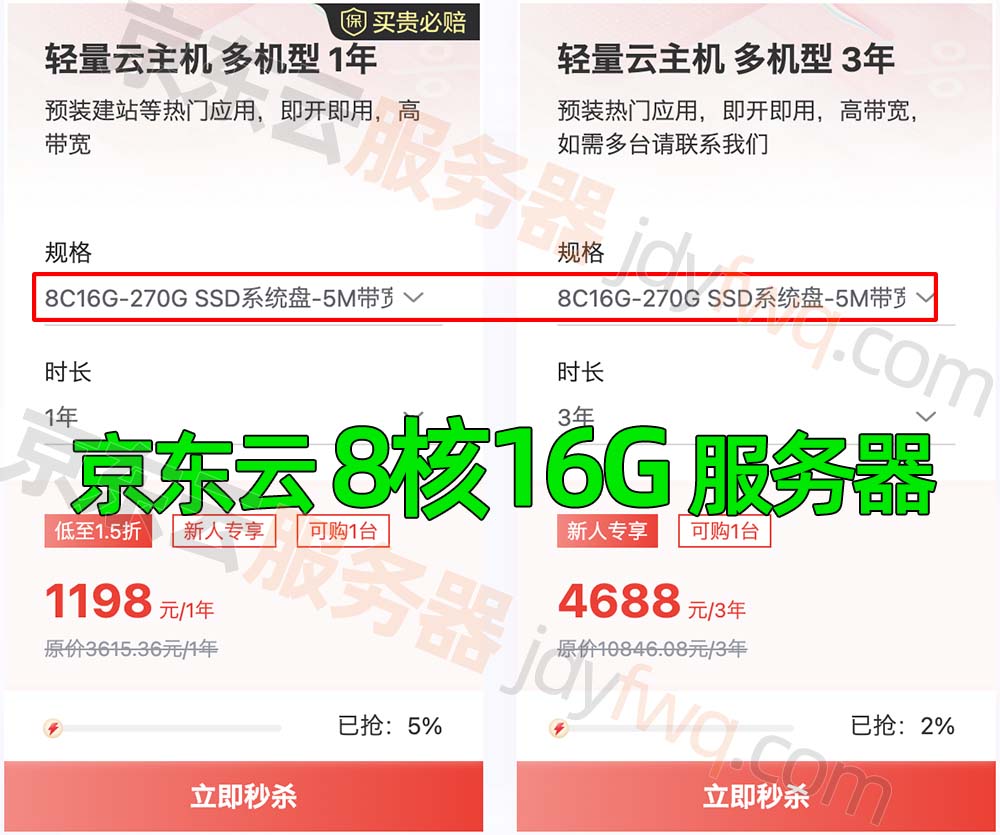 京东云8核16G服务器配置租用优惠价格1198元1年、4688元三年