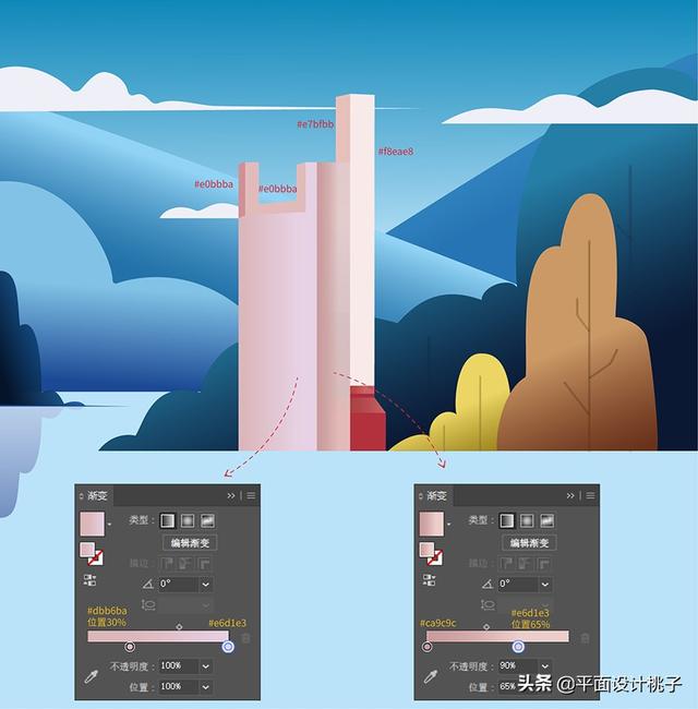 ai怎么渐变颜色_ai教程!渐变色噪点质感城堡场景插画绘制过程分享