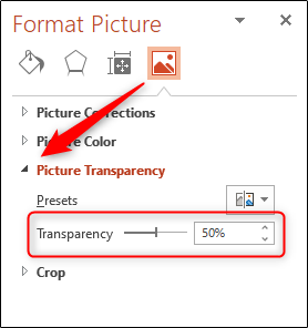 Click the arrow next to "Picture Transparency," and then click and drag the "Transparency" slider.