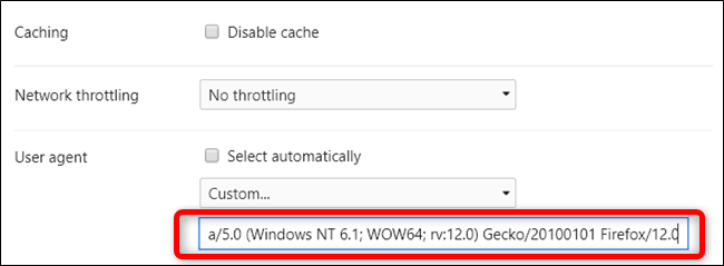 Enter a custom user agent into the text field below the drop-down menu