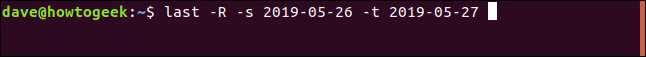 last -R -s 2019-05-26 -t 2019-05-27 in a terminal window