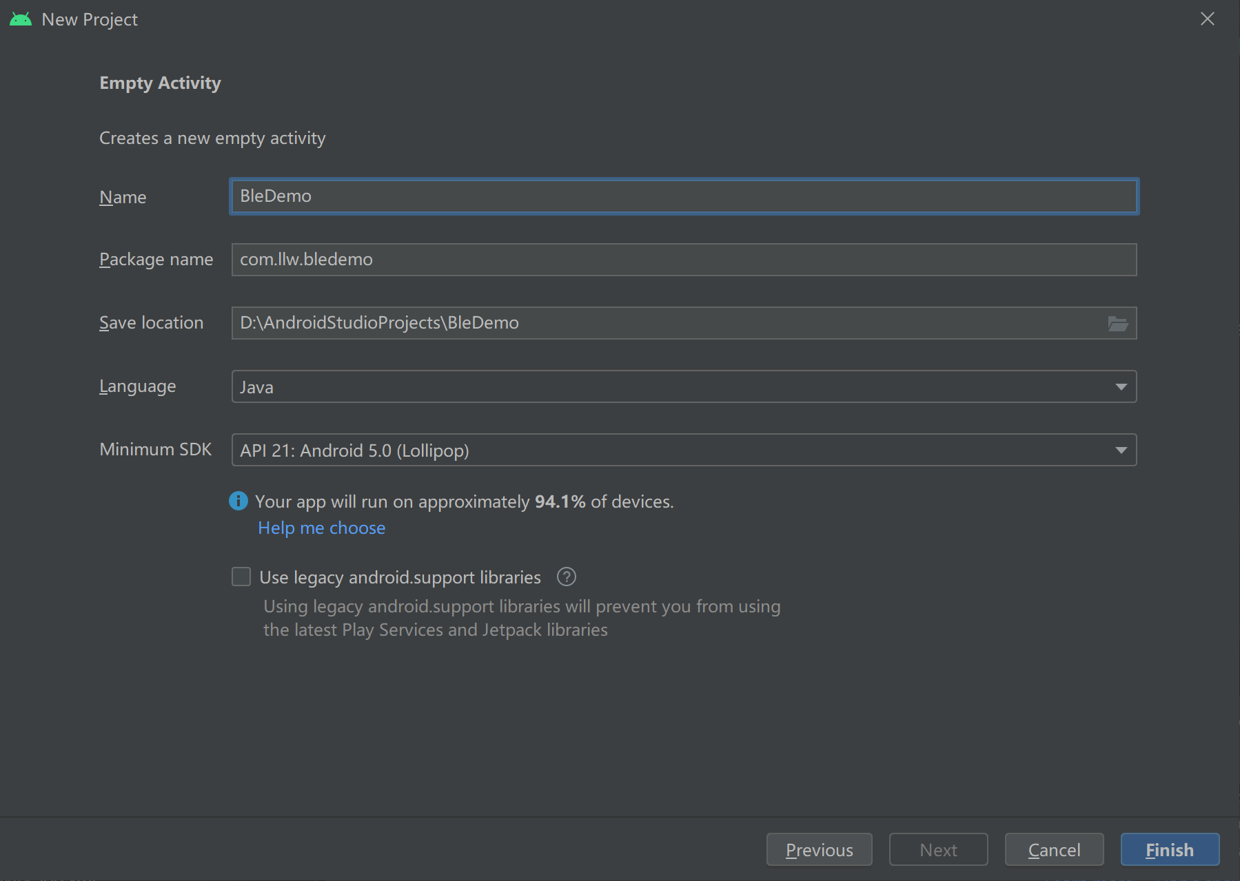 Android studio new project
