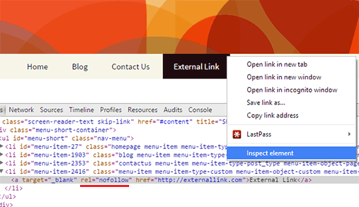 An external link with nofollow attribute in WordPress navigation menu