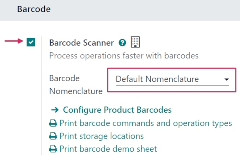 Enabled barcode setting with Default Nomenclature selected.