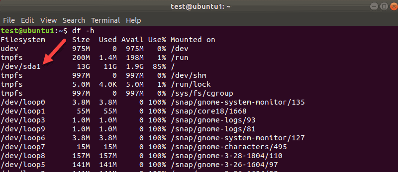 Terminal output when running a df -h command