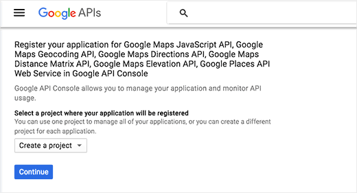 Create a new Google Maps API project