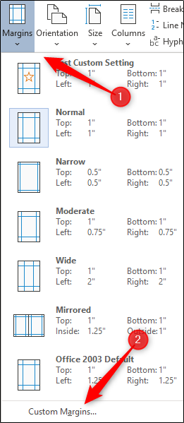 Select custom margins option