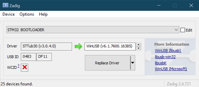 In Zadig, select the STM32 Bootloader In Zadig, select the STM32 Bootloader
