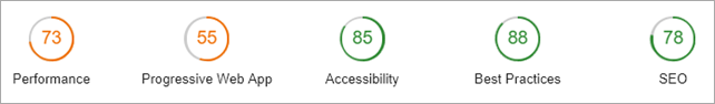 Performance 73, PWA 55, Accessbiolity 85, Best Practices 88, SEO 78 Performance 73, PWA 55, Accessbiolity 85, Best Practices 88, SEO 78