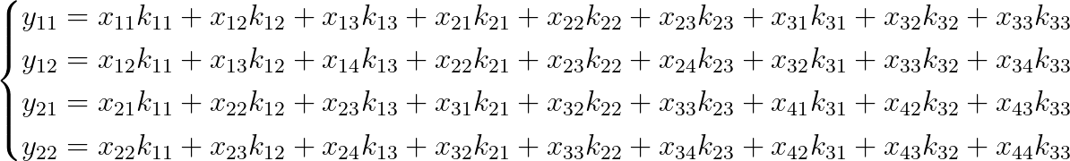 Expressions for each element of y, as a sum of products of x and k.