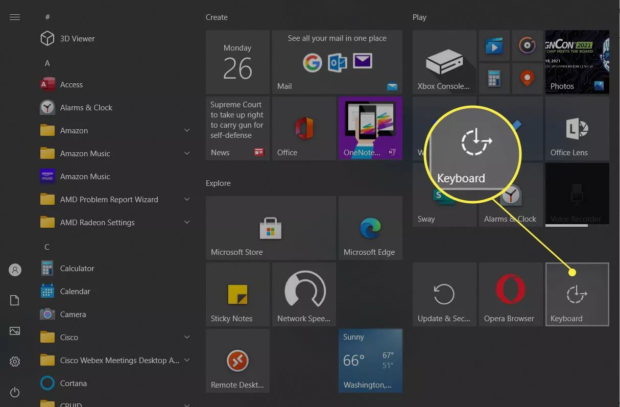 The Keyboard tile in the Start menu.