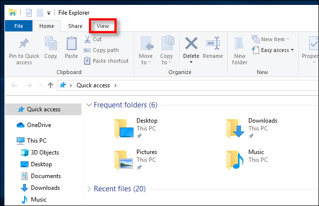 Click View in Windows 10 File Explorer