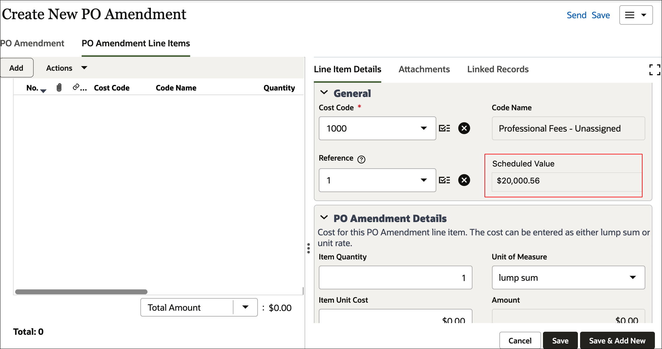 Screen image of a line item details pane, with the Schedule Value field automatically completed and highlighted.