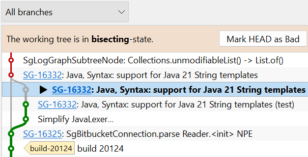 Bisect 还会突出显示功能分支中的好提交或坏提交。