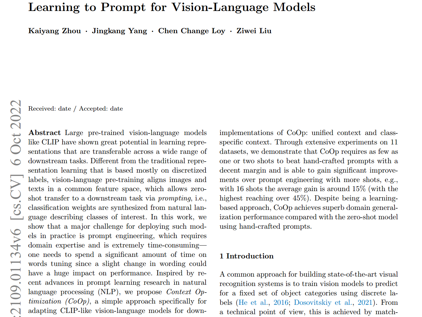 论文解读：(CoOp)Learning to Prompt for Vision-Language Models