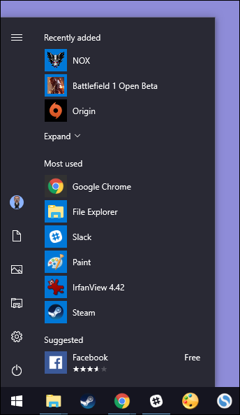start menu with no tiles showing