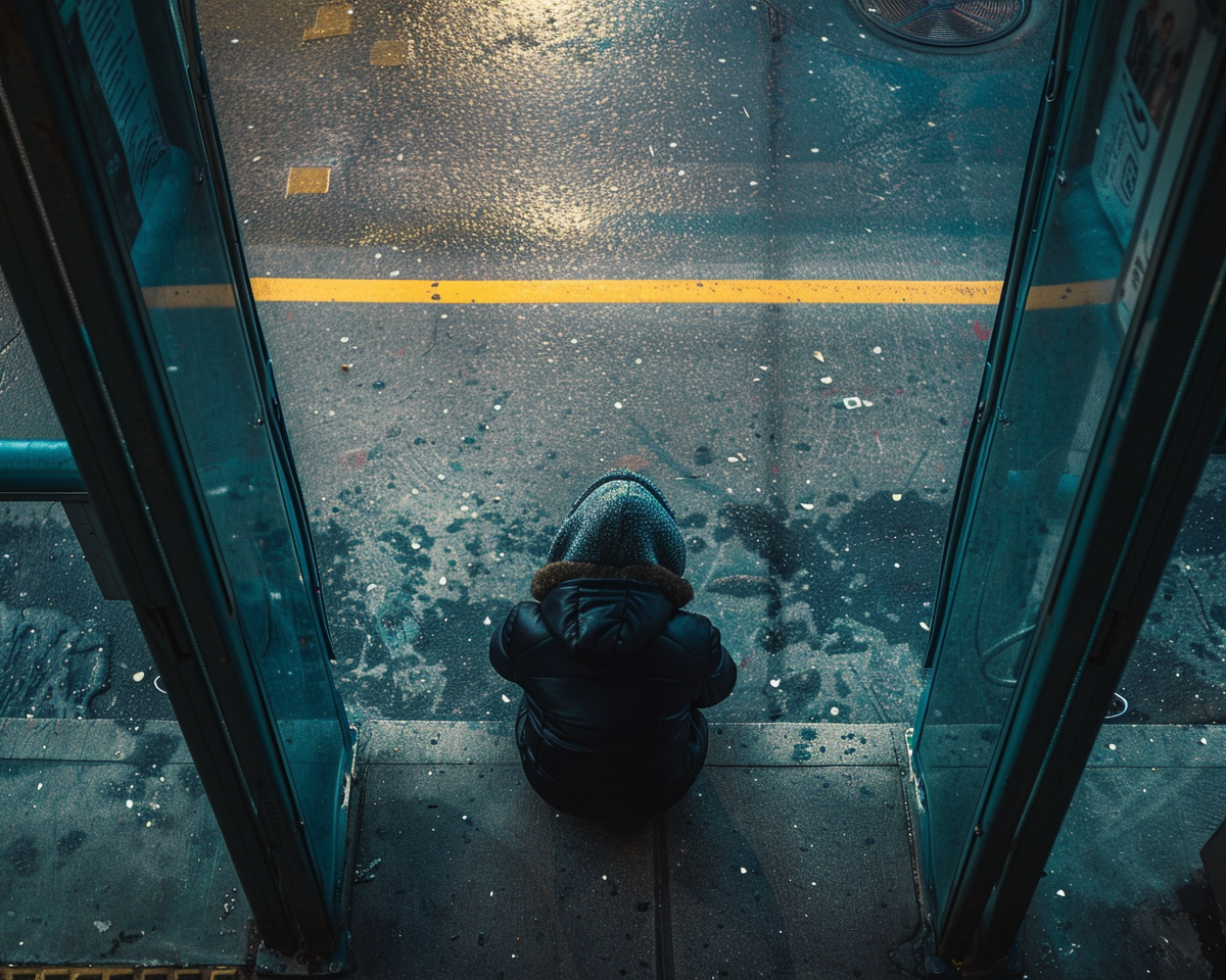 High angle shot of an individual sitting alone at a bus stop, hunched shoulders, looking lost or waiting.