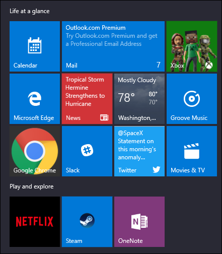 start menu with extra tiles showing