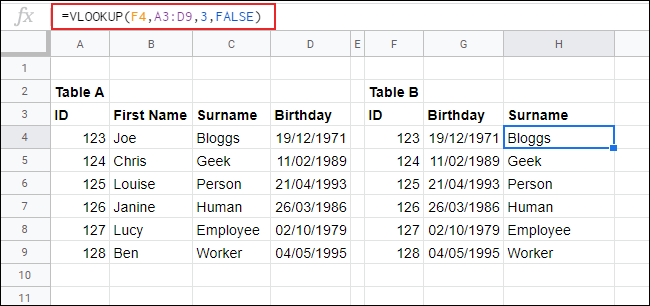 VLOOKUP in Google Sheets, returning data from one table to another.