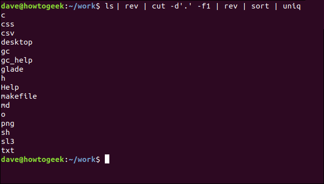 "ls | rev | cut -d'.' -f1 | rev | sort | uniq" in a terminal window.