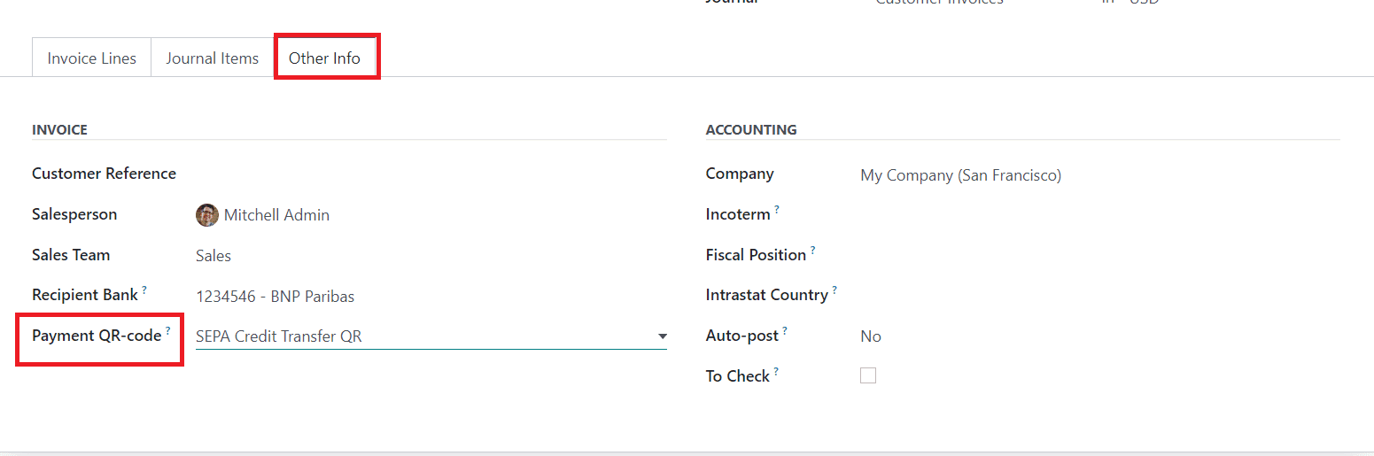 如何在 odoo-16-accounting-6-cybrosys 中向发票添加付款二维码