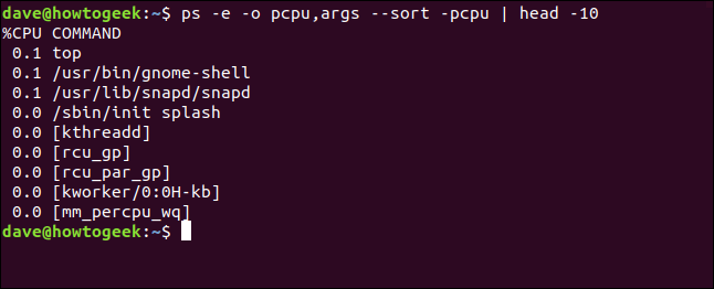 output from ps -e -o pcpu,args --sort -pcpu | head 10 in a terminal window