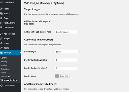 Settings page for WP Image Borders plugin