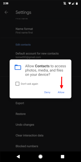 Contacts permission prompt