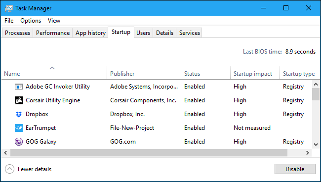 The Task Manager's Startup manager tab
