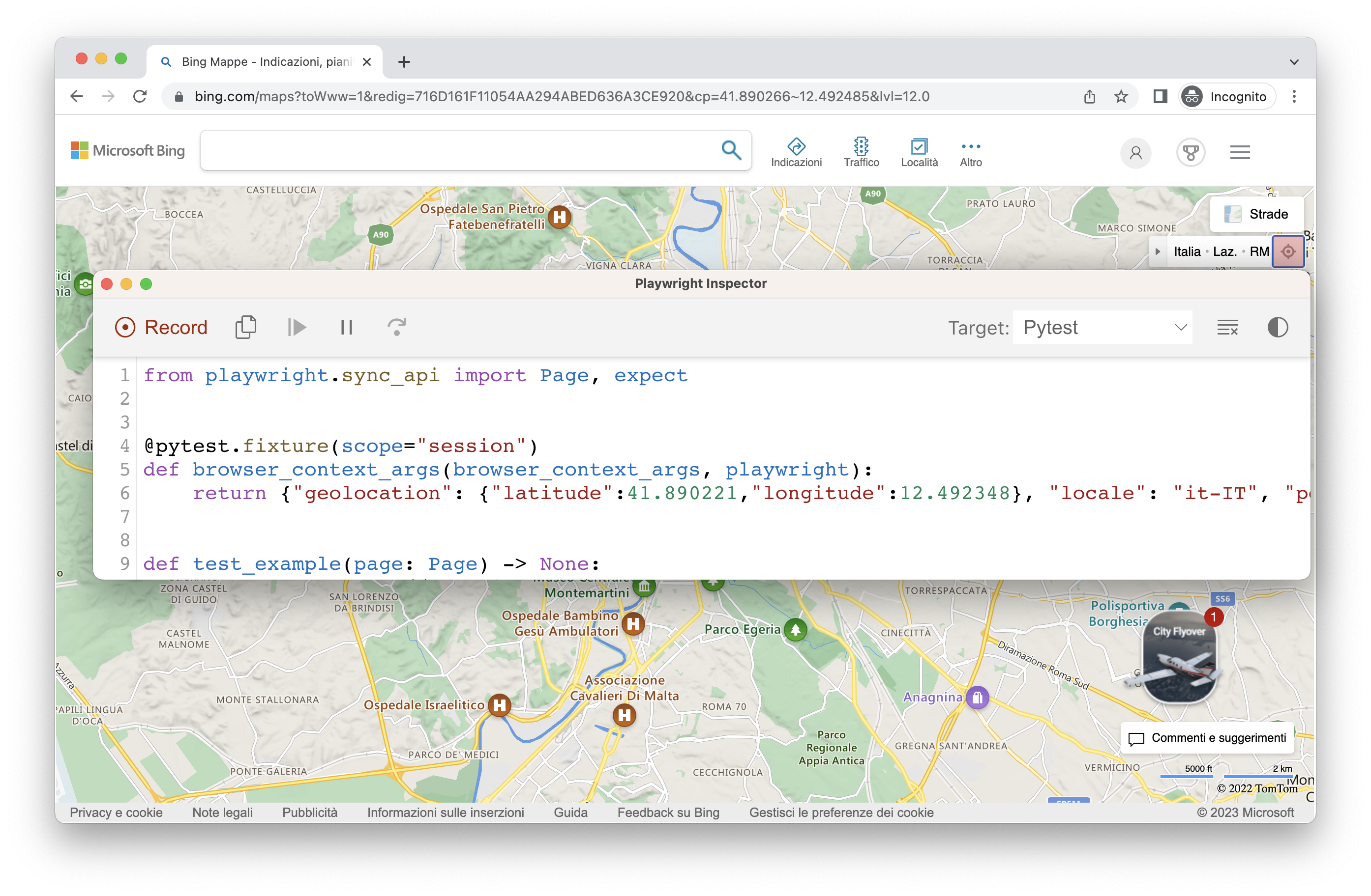 Codegen generating code for tests for bing maps showing timezone, geolocation as Rome, Italy and in Italian language python