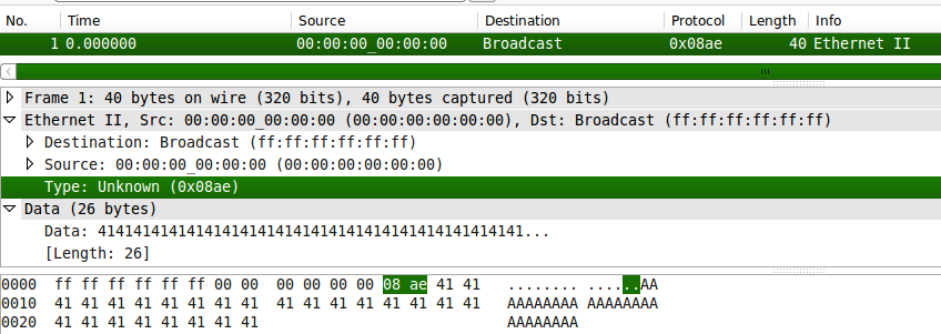 The packet shown in wireshark