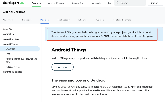 Android Things将于2022年1月5日停止更新