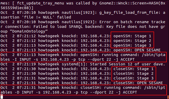 A syslog showing the port knocking events in a terminal window.