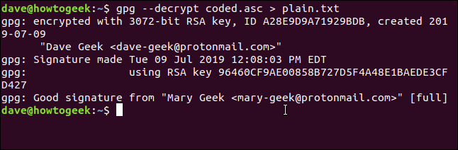 gpg --decrypt coded.asc > plain.txt in a terminal window