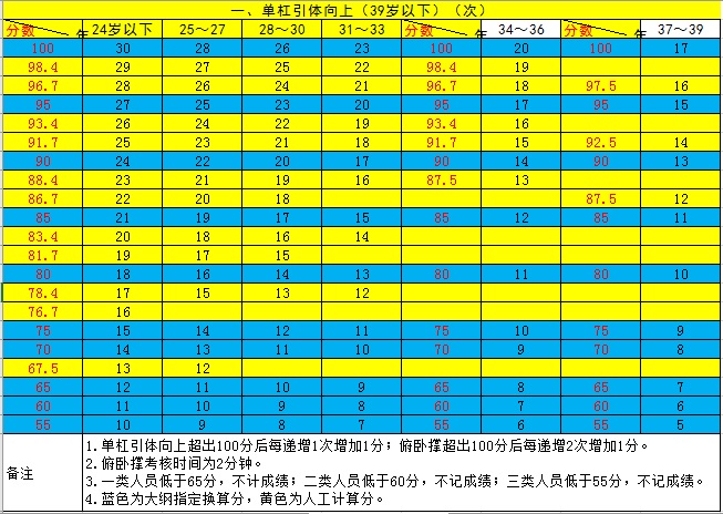 男子单杠补充标准表