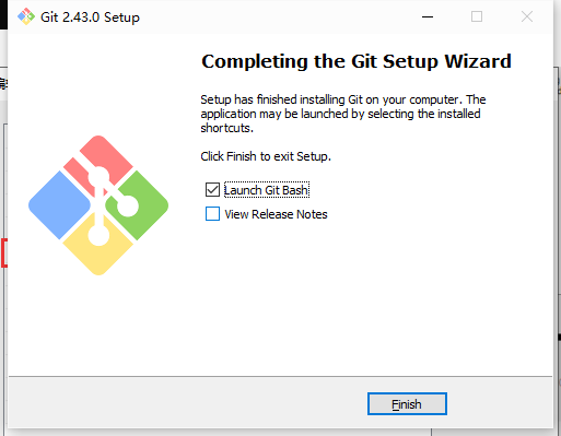 到此安装完成，选中Lunch Git Bash，去掉勾选View Release Notes，点击Finish。