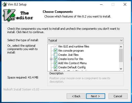 GVim Select Components To Install