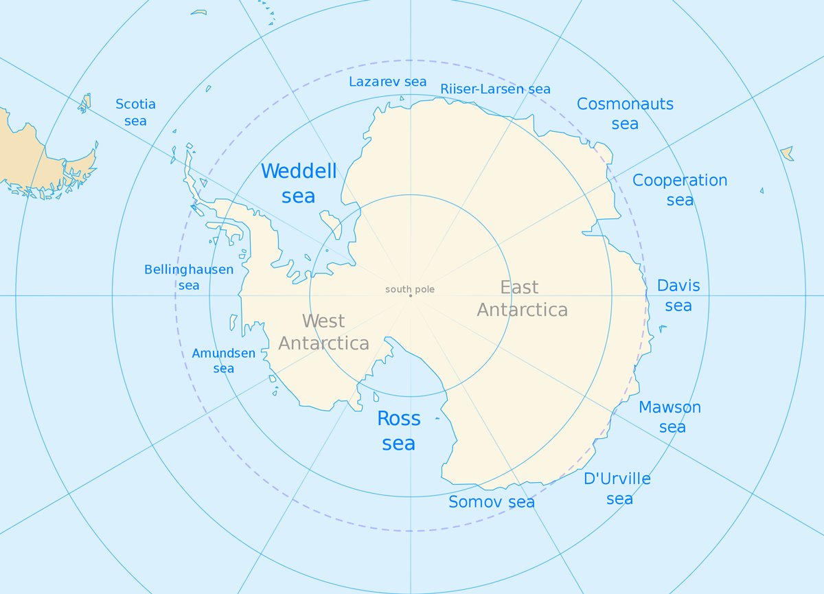 显示南极洲周围各个海洋名称的地图