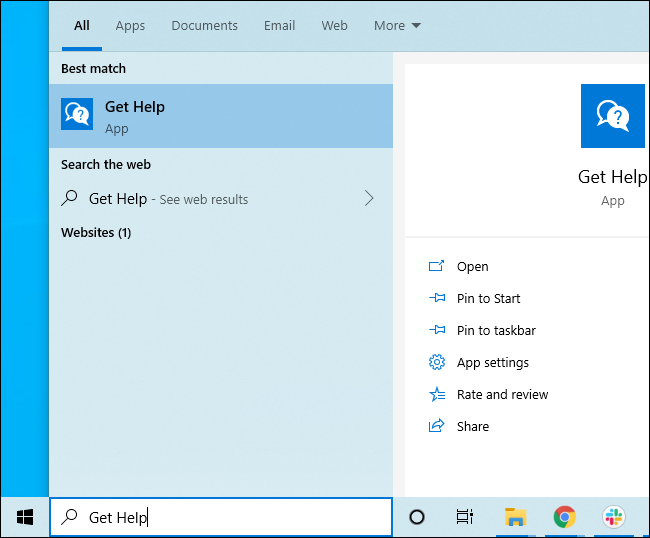 Searching for Get Help in Windows 10's Start menu