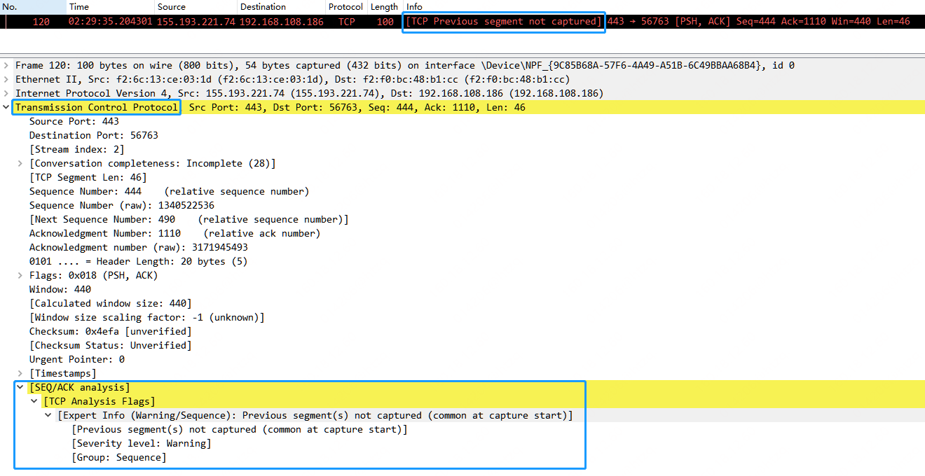 TCP Analysis Flags 之 TCP Previous segment not captured