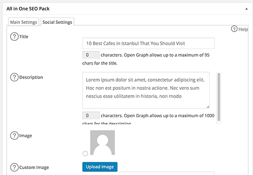 Social settings in All in One SEO to add open graph meta data