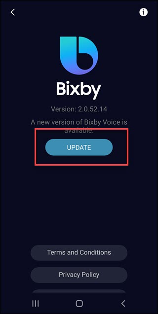 Bixby about dialog with update button call out.