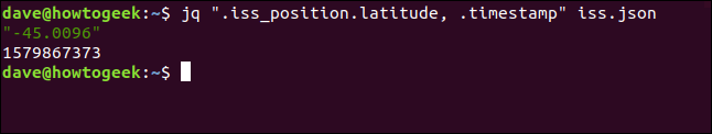 The "jq ".iss_position.latitude, .timestamp" iss.json" command in a terminal window.