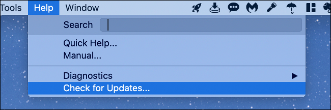 A "Help" menu in which "Check for Updates" is selected. 