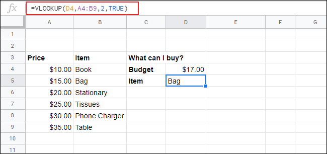 A VLOOKUP in Google Sheets with sorted data to find the nearest value to the search key value.